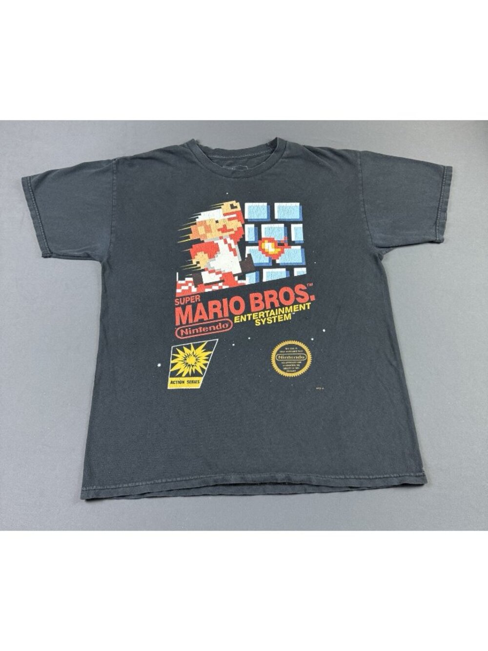 Nintendo Super Mario Brothers Video Game Promo Sun Fade Black Shirt Art Logo Tee